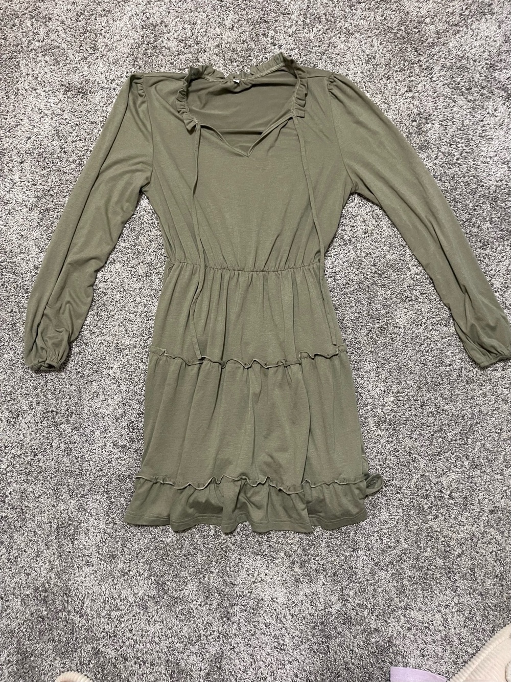 Olive Green Ruffle Tiered Long Sleeve Dress